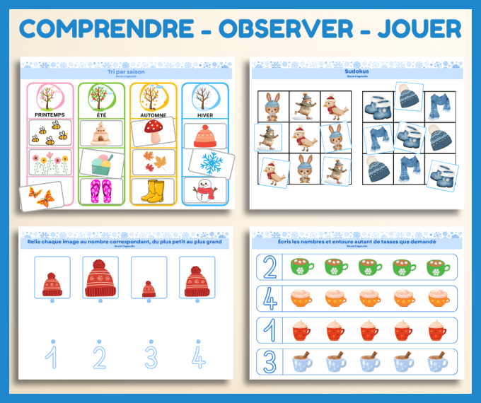 Activité hiver 3 ans PDF à imprimer, livret maternelle PS , graphisme, jeux, logique, préécriture