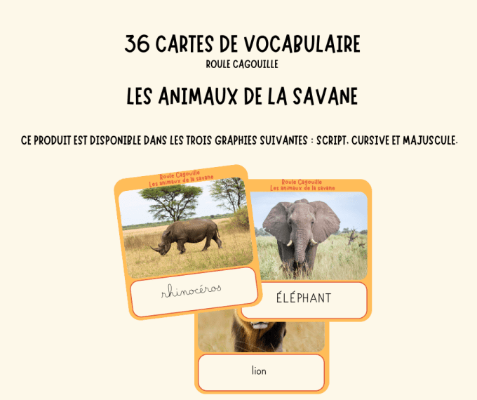 Cartes de nomenclature : Les animaux de la savane